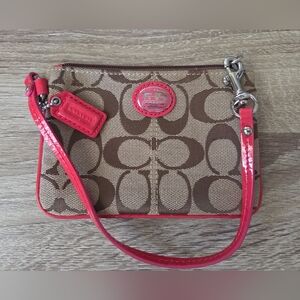 Coach Brown Signature Canvas Wristlet with Pink Trim